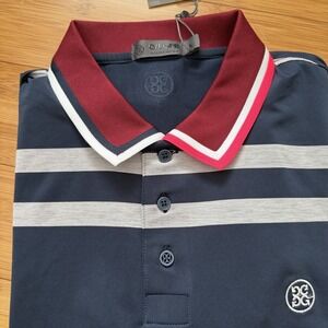 G/FORE Mens Large Golf Polo NWT Navy Stripe Neon Collar $110 MSRP